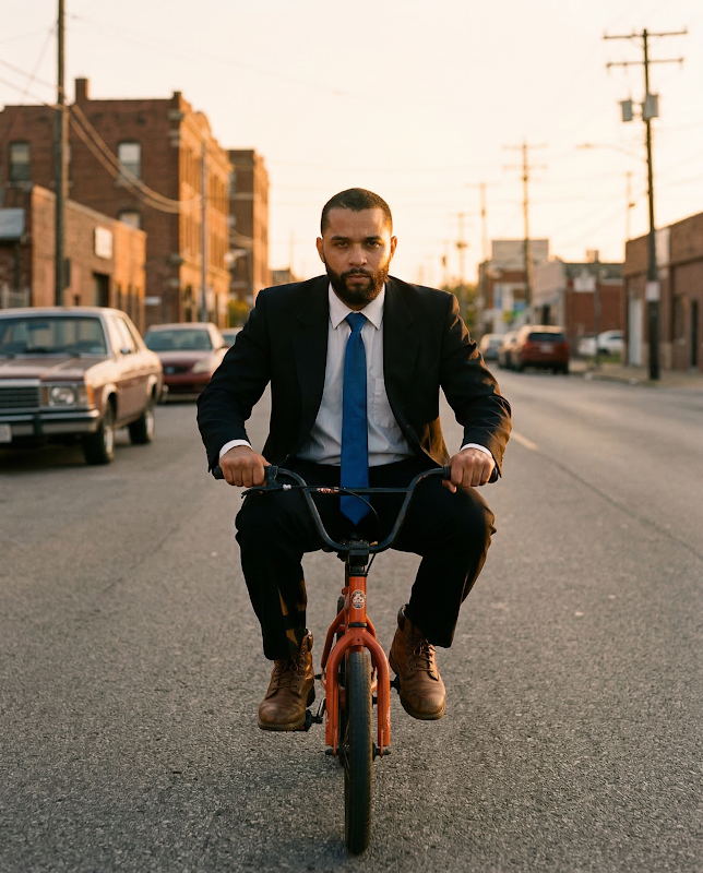 Imagem hiper-realista criada com IA - homem andando de bicicleta